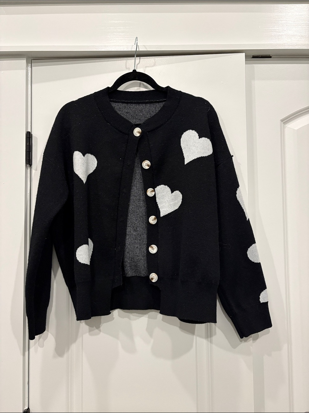 Black Heart-Print Button-Front Cardigan Sweater